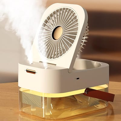 Ventilator Luchtbevochtiger 2L, Stille Draagbare Ventilator 3 Snelheden, USB Ventilator, Oplaadbare Accu, Tafelventilator Met Nachtlamp, Verstelbare Hoek, 3 Vernevelingsstanden