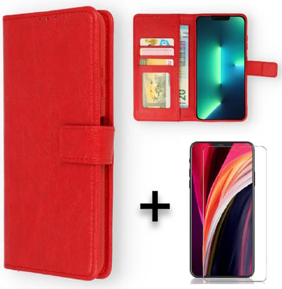 Casemania Hoesje Geschikt voor Apple iPhone 13 Rood & Glazen Screenprotector - Portemonnee Book Case - Kaarthouder & Magneetlipje