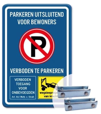 Bord Parkeren uitsluitend voor bewoners - blauw - Weerbestendig Aluminium - 40x60 cm - Bevestiging: Met hekbeugels (voor spijlen- of gaashek)
