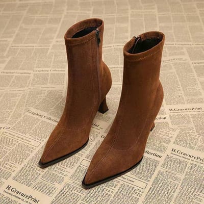 Dames Enkellaarsjes Chunky Middenhakken Suède Schoenen Vrouw Puntige Neus Trend Winter Nieuw Goth Wandelen Sneeuw Chelsea Botas De Mujer 37 brown