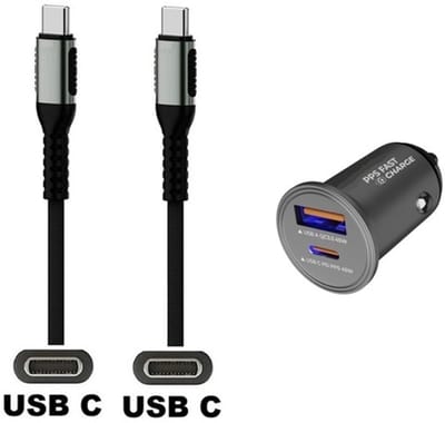 45W auto snellader met 2 poorten + 0,2m sterke USB C naar C kabel. Universele PD PPS lader. Autolader adapter past op Samsung Galaxy A34, A54, A24, A14, A05, F04, F34, F54, A15, A25, A35, F15, M14, M04, M34, M21, M30, M40, M54