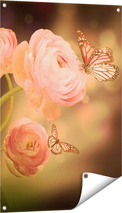 Gards Tuinposter Twee Roze Vlinders bij Roze Rozen - 60x90 cm - Tuindoek - Tuindecoratie - Wanddecoratie buiten - Tuinschilderij