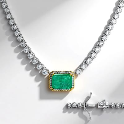 Cavill - Zilveren Halsketting 925 Sterling Zilver Palladium - 9K Achthoekige Zambia Smaragd - 58 Cambodjaanse Zirkonia - Luxe Dames Sieraad