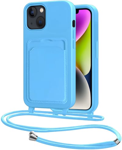 Hoes Geschikt voor iPhone 13 Hoesje Pasjeshouder Cover Met Koord Case Siliconen Hoes Met Telefoonkoord en Kaarthouder - Lichtblauw