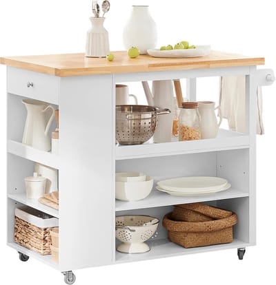 Keukeneiland - Verplaatsbaar - Keukenkast - Dressoir - Organizer - Kasten - Houten Werkblad - Multifunctioneel - Grote Opslagruimte - Wit