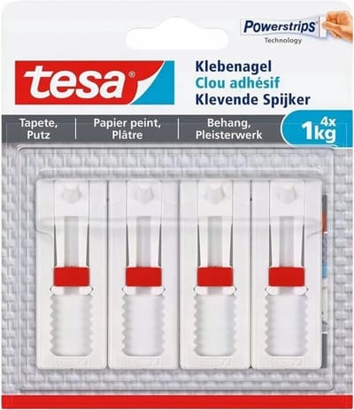 Tesa - Zelfklevende Spijker - Behangen en Pleisterwerk - Witte Haken - 1kg - 4 stuks