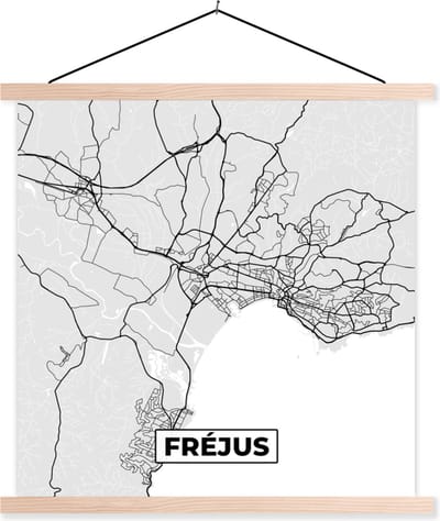 Posterhanger incl. Poster 40x40 cm - Schoolplaat - Stadskaart - Frankrijk - Kaart - Fréjus - Plattegrond - Textielposter - Blanke latten - Stadskaart