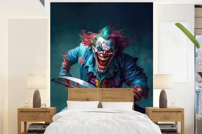 Behang - Fotobehang Clown - Horror - Mes - Kleding - Portret - Breedte 165 cm x hoogte 220 cm
