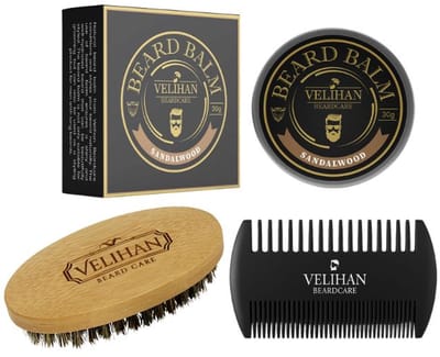 Velihan Beardcare - Baardverzorging Trio Pack - Baardbalsem Sandalwood 30g, Baardborstel en Baardkam - Baardverzorging set - Cadeau voor hem - Baardverzorging - Baard olie - Cadeau voor vriend - Baardgroei - Perfecte cadeau voor man