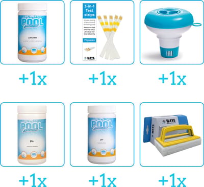 Zwembad Onderhoudspakket - Onderhoud Zwembad - bevat Chloor - Testrips - Chloordrijver - PH-min - PH-plus en Scrubborstel (6-delig)