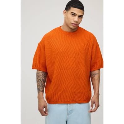 Oversized Geometric Textured Stitch Knitted T-Shirt | Orange | Size XS