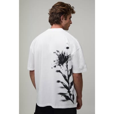 Oversized Heren Script Bloemenprint T-shirt | White | Size XS