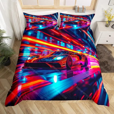 Ensemble de Literie Voiture de Sport Garçon Simple, Housse de Couette Voiture de Course pour Décoration de Chambre d'Enfants Adolescents, Ensemble de Lit Voitures de Course EU Single 90x200cm