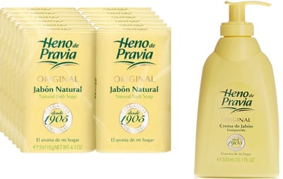 Voordeelset met 12 x Heno de Pravia Zeep á 115 gram + 1 x Heno de Pravia Vloeibare zeep 300ml met dispenser