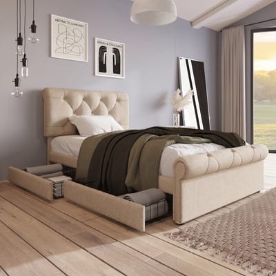VVBV Gestoffeerd Opbergbed 90x200 cm - 2 Lades, Linnen, Massief Hout, Metaalframe, Naturel, Zonder Matras, Metaal