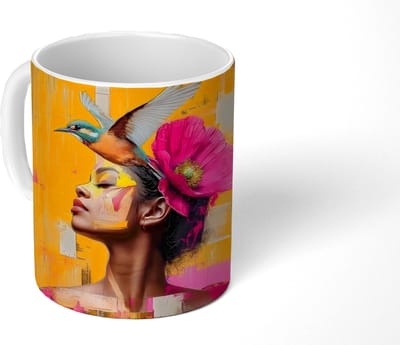 Mok - Koffiemok - Vogel - Vrouw - Abstract - Bloem - Mokken - 350 ML - Beker - Koffiemokken - Theemok