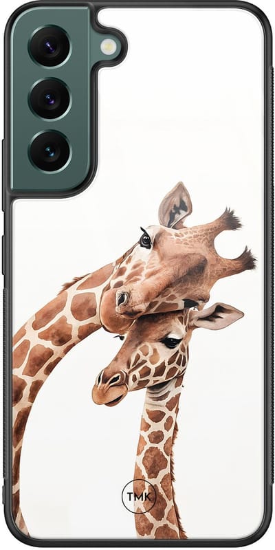 Hoesje geschikt voor Samsung Galaxy S22 - Giraffen - Bruin - TPU luxe case (glossy toplaag) - Print - Hardcase backcover zwart