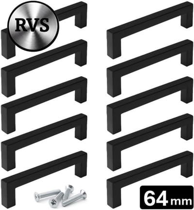 10 X MSQDESIGN Handgrepen RVS zwart - Boormaat 64mm - zwarte Handgreep voor Keuken & Kast - Moderne Meubelgreep - Keukengreep Mat zwart -Kastgrepen- zwarte Greepjes Keuken - zwarte RVS Handvatten - Deurgreepjes -incl schroevene