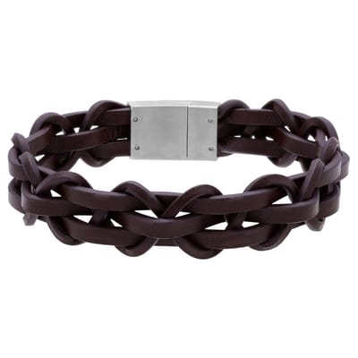 Lucardi - Heren Stainless steel herenarmband gevlochten leer bruin - Armband - Staal - Zilverkleurig - 19 cm