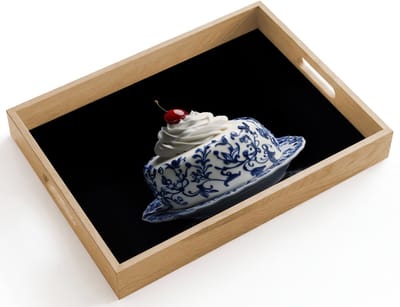 Dienblad hout 40x30 cm - Schootdienblad - Taart - Slagroom - Kers - Bord - Delfts blauw - Borrelplank rechthoek - Plateau dienbladen