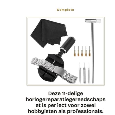 Dailygoods- Horlogereparatiegereedschapset 11 Stuks - Bandverwijderaar - Hamer - Naden/Regelaars - Compact - Zwart Metaal/Kunststof - Horlogegereedschap