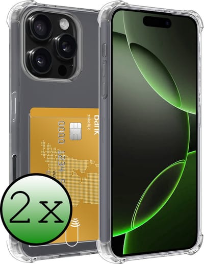 Hoesje 2 Stuks - Geschikt voor Apple iPhone 16 Pro - Met Pashouder en Kaarthouder - Telefoon Hoes Shockproof - Siliconen Case - Back Cover - Shock Proof - Pasjes Houder - Transparant