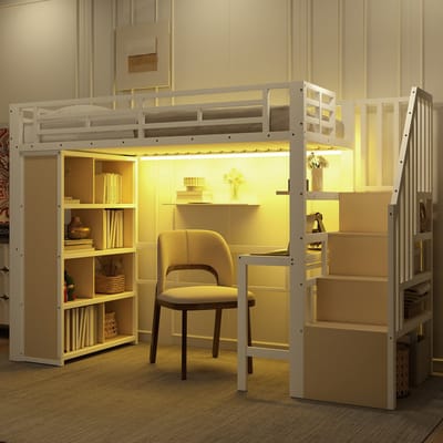 Hoogslaper - 90 x 200 cm - Met Bureau en LED - Opbergtrap - Metaal - Wit