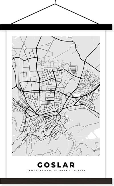 Posterhanger incl. Poster 40x60 cm - Schoolplaat - Duitsland - Goslar - Kaart - Stadskaart - Plattegrond - Textielposter - Zwarte latten - Stadskaart