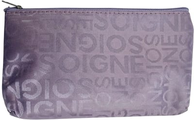 Klein Make-up tasje / toilettasje / organizer / etui - lila - mat met glanzende woorden SOIGNE - met rits - waterafstotend - afmeting 18,5 x 10,5 x 2 centimeter