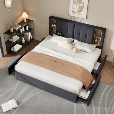 MEUNIQ tweepersoons bed 160x200 cm met matras, gestoffeerd bedframe met draadloos laden, USB-C en USB, 4 lades en open vakken in hoofdbord, grijs