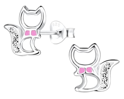 Joy|S - Zilveren kat poes oorbellen - zilver met roze - 9 mm - kristal