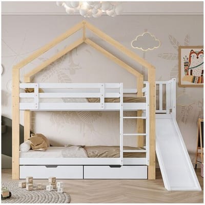Merax Stapelbed met opbergruimte - 2 x 90 x 200 cm - ladder, glijbaan en lattenbodem - naturel en wit