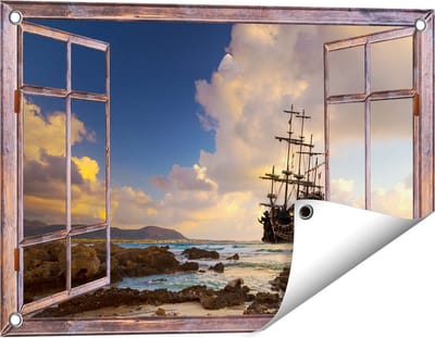 Gards Tuinposter Doorkijk Piratenschip aan de Kust bij Zonsondergang - 60x40 cm - Tuindoek - Tuindecoratie - Wanddecoratie buiten - Tuinschilderij