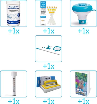 Zwembad Onderhoudspakket - Onderhoud Zwembad - bevat Chloor - Testrips - Chloordrijver - Schoonmaakset - Thermometer - Scrubborstel en Zwembadgids (7-delig)