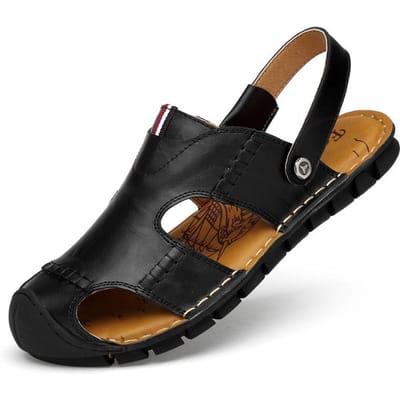 Herensandalen Echt Leer Strand Twee Zomer Trendy Casual Mode Gesloten Teen Persoonlijkheid Zachte Zool Leren Schoenen 44 black