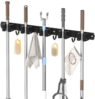 EXCITAT Bezemhouder - Bezemhouder ophangsysteem - Gereedschapshouder - 5 Houders 4 Haken - 304 RVS - Zwart