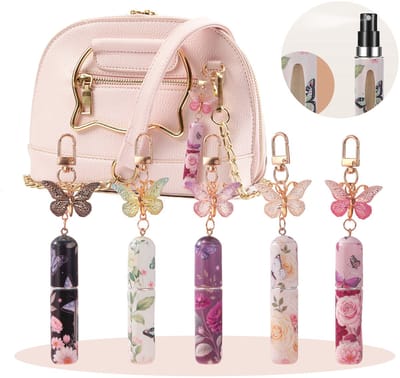 Set van 5 navulbare reisparfumflesjes, draagbare navulbare verstuiverflesjes met vlindersleutelhanger, 5 ml mini-verstuiver met pompje (roze/geel/paars/groen/zwart)