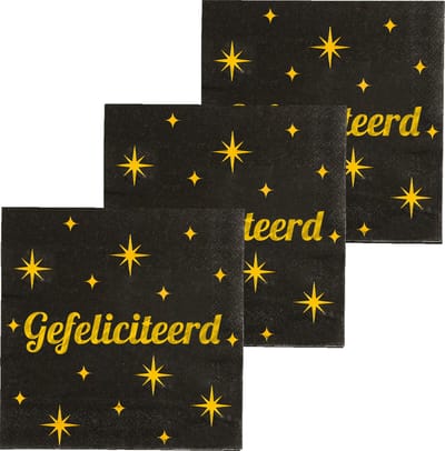 Paperdreams Verjaardag feest servetten - Gefeliciteerd - 48x stuks - zwart/goud - 33 x 33 cm