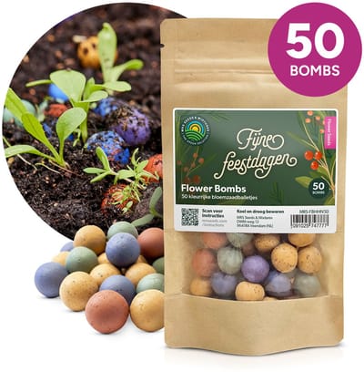 Flower Bombs - Zaadbommen mix - Fijne Feestdagen! - 50 stuks - Biologische wilde bloemzaden - Handgemaakte bloembommetjes - Leuk cadeau of relatiegeschenk