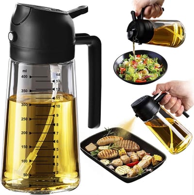 Oliedispenser 2-in-1 met Spray – 470ml – Olijfolie & Azijn – BPA-Vrij – Keuken & Barbecue – Salade – Zwart