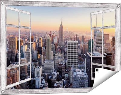 Gards Tuinposter Doorkijk New York Skyline met Wolkenkrabbers - 90x60 cm - Tuindoek - Tuindecoratie - Wanddecoratie buiten - Tuinschilderij
