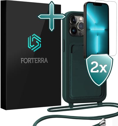 Hoesje Geschikt voor iPhone 13 Pro Pashouder Case Siliconen Hoes Met Koord Met 2x Screenprotector - Hoes Geschikt voor iPhone 13 Pro Met Telefoonkoord Hoesje Back Cover Met Pasjeshouder - Donkergroen