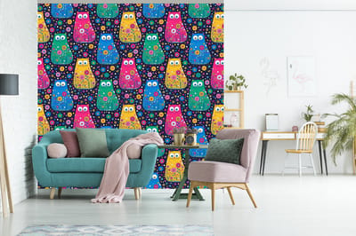 Behang - Fotobehang Kat - Regenboog - Bloemen - Breedte 260 cm x hoogte 260 cm