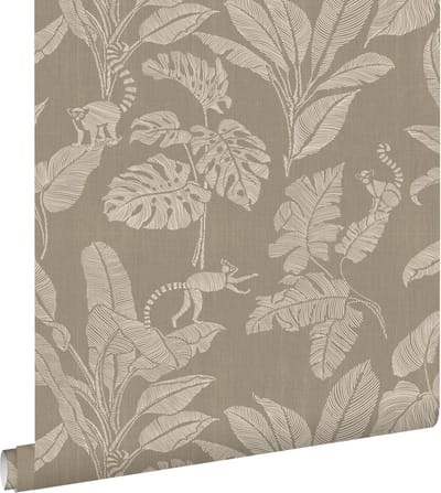 ESTAhome behang apen en jungle bladeren taupe - 50 x 900 cm - 139864
