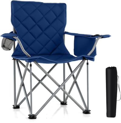 COSTWAY Campingstoel Opvouwbaar XXL 227KG Draagvermogen, Opvouwbare stoel Gestoffeerd, Extra grote visstoel met koeltas & bekerhouder, Opvouwbare stoel voor kamperen, picknicken, tuin, strand (Navy)
