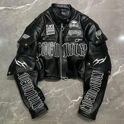 Geborduurde Letter Doodskop Motorstijl PU Leren Jas Koreaanse Versie High Street Mode Korte Jas Dames M zwart