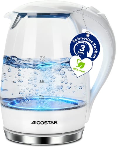 Aigostar Waterkoker - Glazen Waterkoker met LED - 1,7L - 2200W - Wit