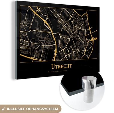 MuchoWow® Glasschilderij 60x40 cm - Schilderij acrylglas - Kaart - Utrecht - Luxe - Goud - Zwart - Foto op glas - Schilderijen