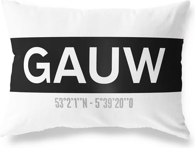 Tuinkussen GAUW - FRIESLAND met coördinaten - Buitenkussen - Bootkussen - Weerbestendig - Jouw Plaats - Studio216 - Modern - Zwart-Wit - 50x30cm