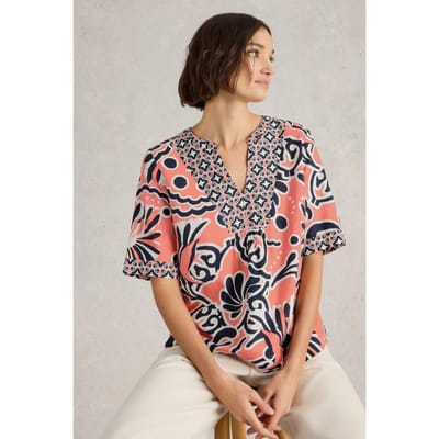 White Stuff Ash Linen Blend Top Coral Print Maat: 12 | Blouses Outlet | Dames | Blauw